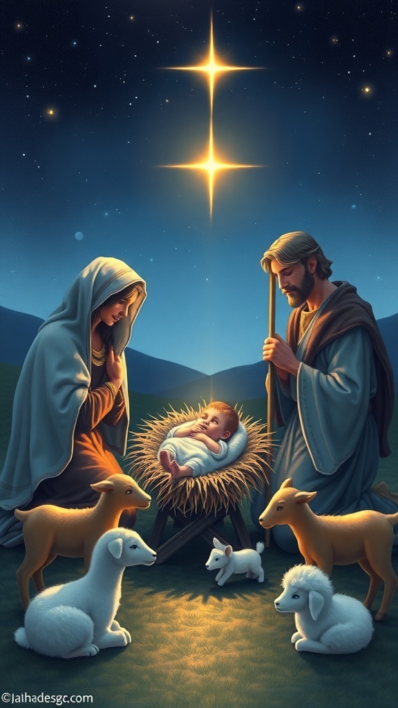 Nativity scene with Baby Jesus in a manger, Mary and Joseph, surrounded by shepherds and animals under a starry sky.